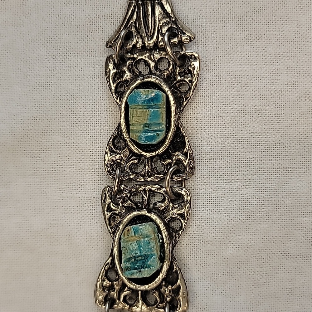 Vintage Faux Turquoise Scarab Silver Plated Bracelet Size 7in - Picture 2 of 3